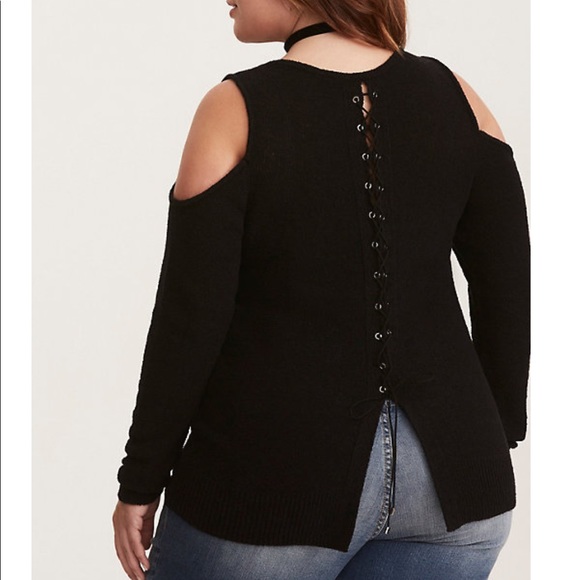 Plus size Knit Cold Shoulder Lace up sweater - Picture 2 of 5